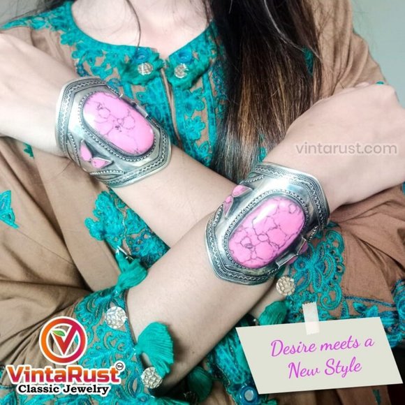 Single Vintage Afghan Cuff: Pink Stone Tribal Boho Bracelet - Picture 2 of 9